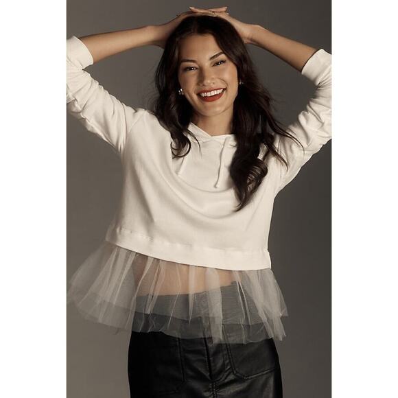 Anthropologie Tops - Anthropologie Pilcro Tulle Hem Hoodie White Size XXS
